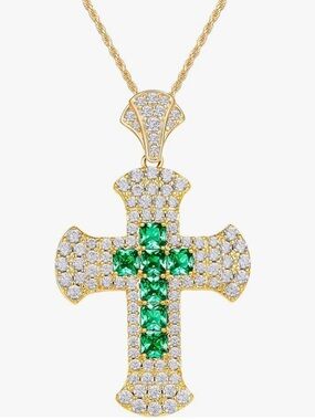 FWM Moissanite & Created Genuine Emerald Cross Necklace 925 Sterling Silver